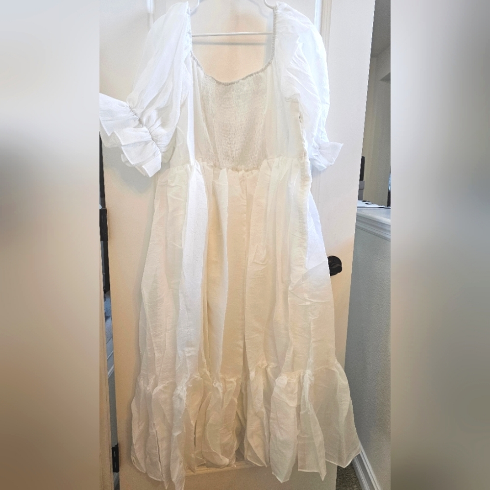 NEW White Square Neck Milkmaid Puff Sleve Midi Dress - Picture 8 of 10